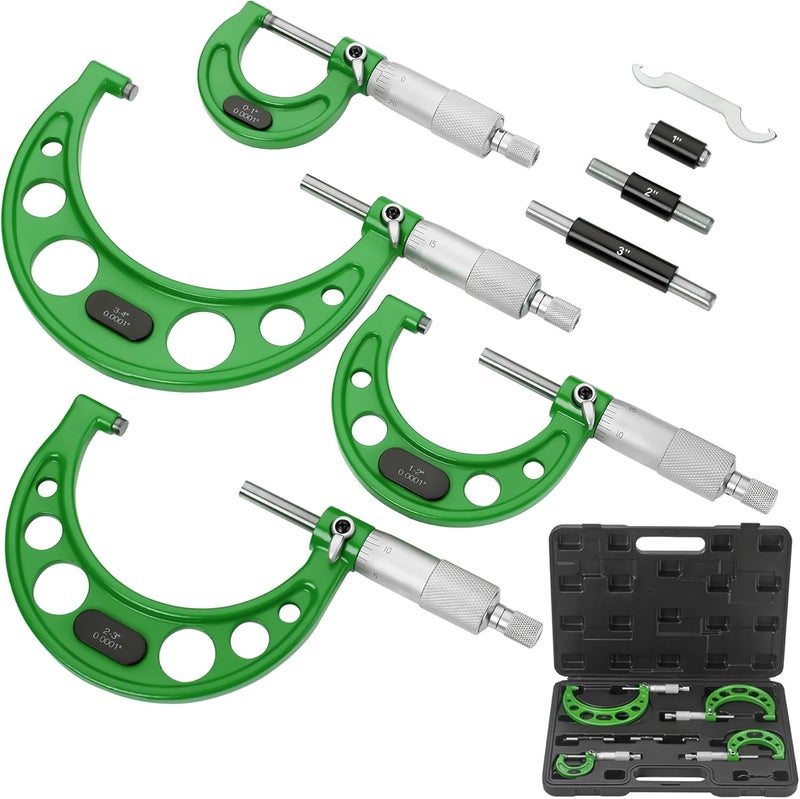 SANDOR Premium Outside Micrometer Set 0-4" / 0.0001" (0-1"/1-2"/2-3"/3-4") Precision Machinist Tools w/Carbide Tips, Standards, Ratchet Stop, Green - Image 1